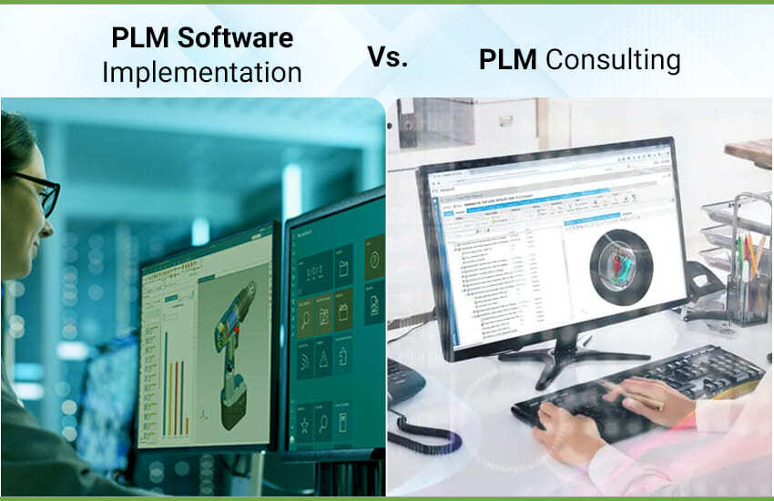 Visual diagram showing differences between PLM software implementation and PLM consulting
